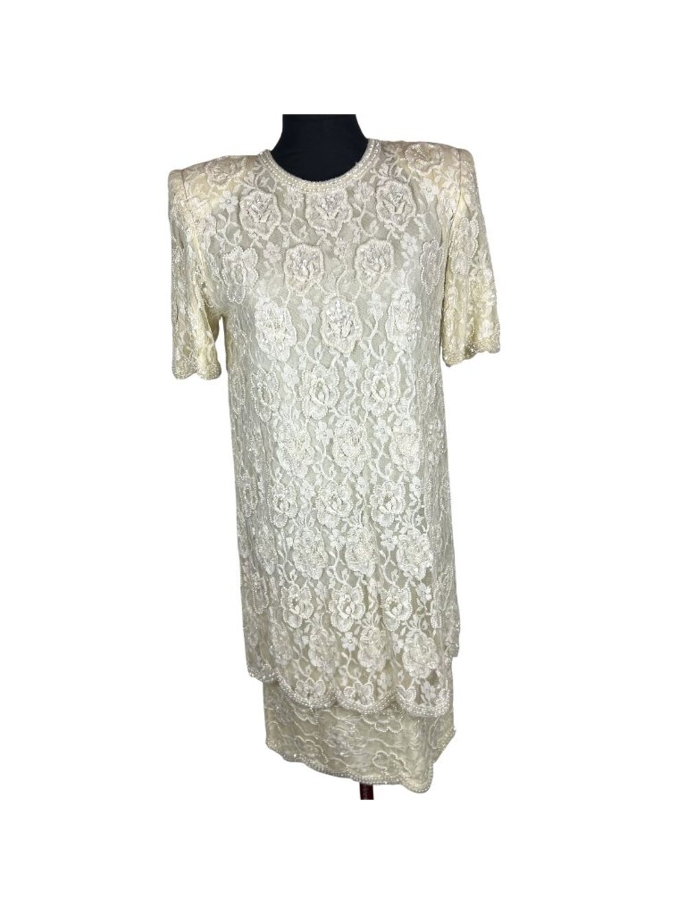 Vintage Women S Lace Floral Beads Ivory Dress Scalloped Hem Pearled Neckline NOS